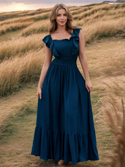 Smocked Waist Maxi Boho Dress for Women - Flutter Sleeve Square Neck Tiered Ruffle Flowy Gown - Summer Beach Sundress 2026