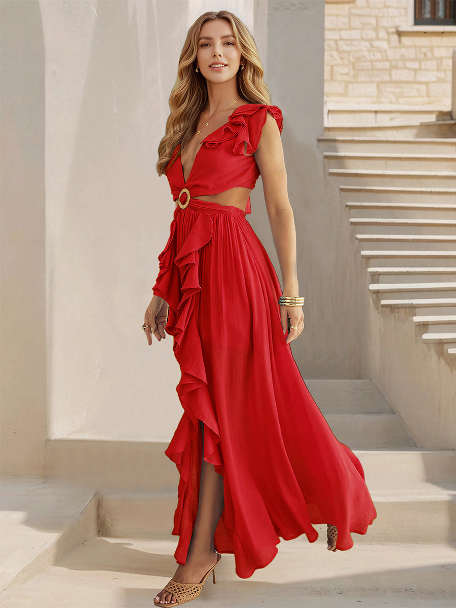 Cut Out Waist Maxi Dress for Women - Ruffle Deep V Neck Ring Linked Sleeveless Flowy A-Line Gown - Summer Beach Party 2026