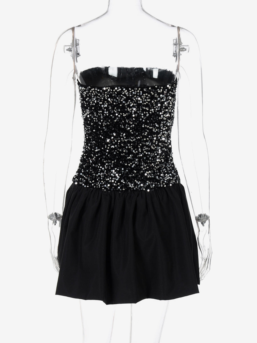 Sequin Strapless Mini Dress With Puff Skirt 2026