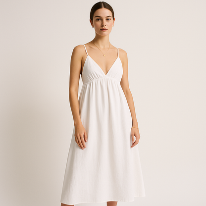 Cotton Midi Dress | V-Neck | Adjustable Spaghetti Straps