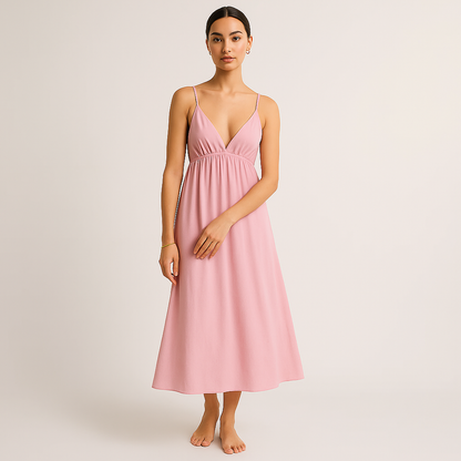 Cotton Midi Dress | V-Neck | Adjustable Spaghetti Straps