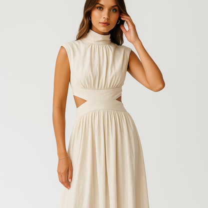 Eden High-Neck Maxi Dress | Sculptural Cotton Blend | Modern Silhouette