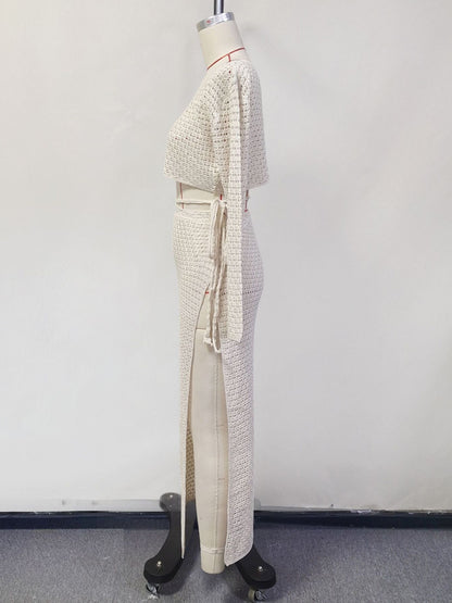 Crochet Two Piece Co-ord Set Long Sleeves Crop Top And High-slit Skirt Beach Cover-up 2026