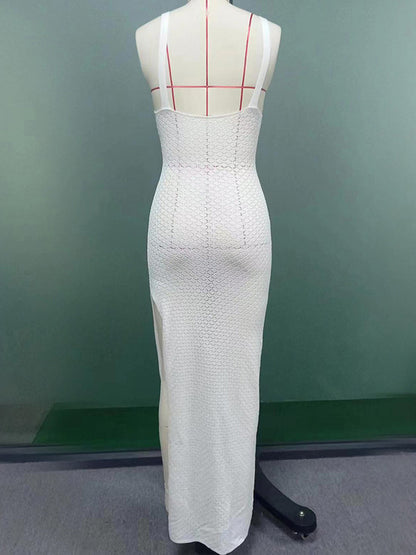 White Crochet Maxi Dress for Women - Boho V Neck Sleeveless Side Slit Bodycon Knit Long Dress - Summer Beach Resort 2026