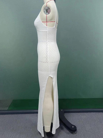 White Crochet Maxi Dress for Women - Boho V Neck Sleeveless Side Slit Bodycon Knit Long Dress - Summer Beach Resort 2026