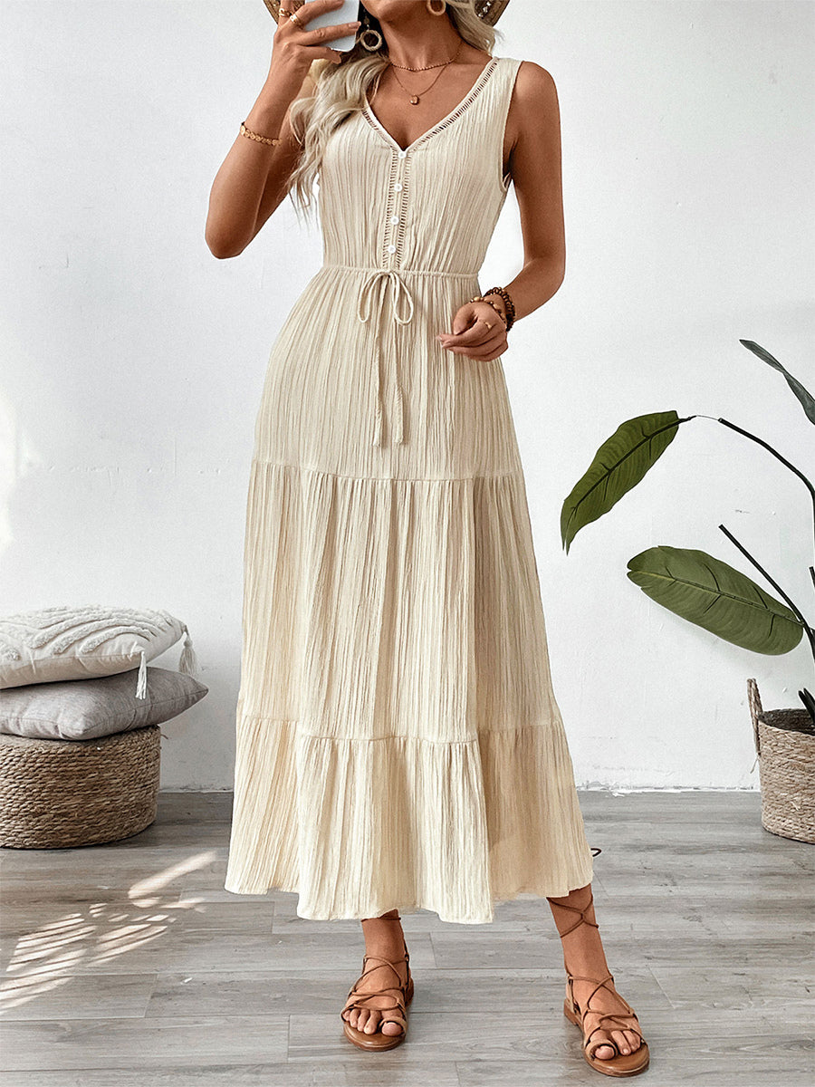 Boho Tiered Maxi Dress for Women - Apricot Textured V Neck Sleeveless Tie Waist A Line Long Dress - Summer Beach Resort 2026
