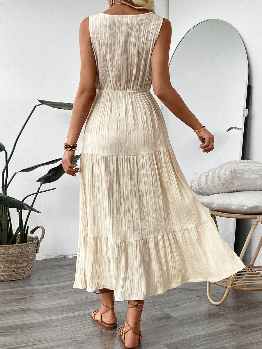 Boho Tiered Maxi Dress for Women - Apricot Textured V Neck Sleeveless Tie Waist A Line Long Dress - Summer Beach Resort 2026