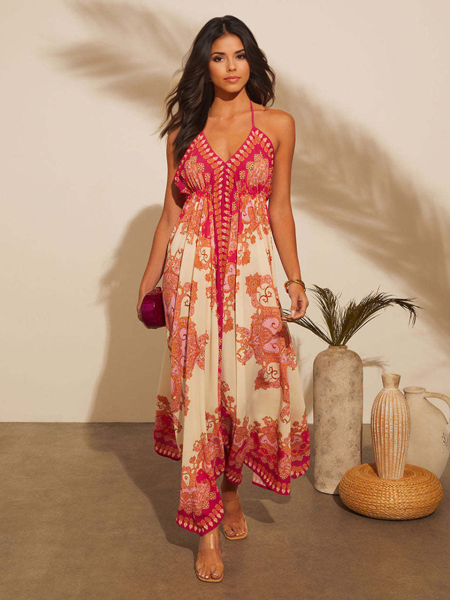 Boho Paisley Maxi Dress for Women - Ethnic Print Halter Neck Loose Fit Flowy Long Dress - Summer Tropical Vacation 2026