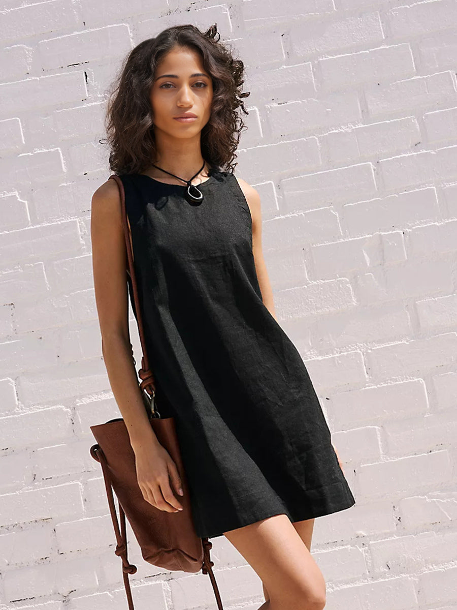 Cotton Mini Shift Dress for Women - Casual Scoop Neck Backless Sleeveless Tunic Shift Dress with Pockets - Summer Beach 2026