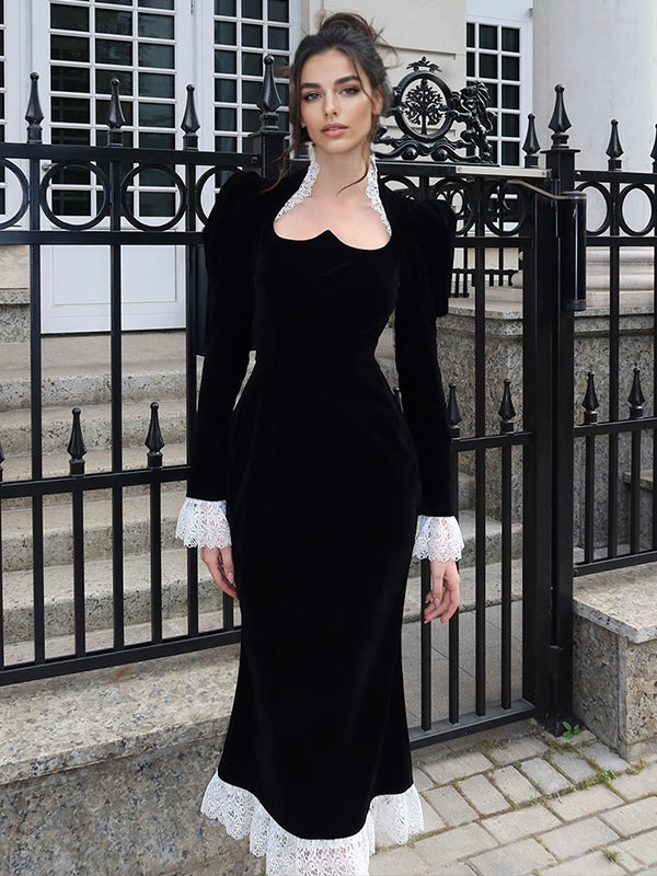 Elegant Black Velvet Dress With Lace Details Long Sleeve Spring Long Dress For Women 2026