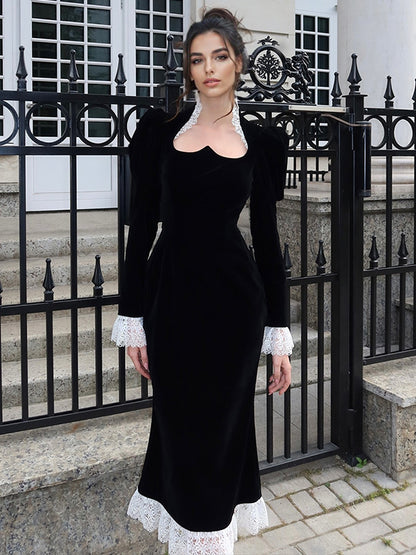 Elegant Black Velvet Dress With Lace Details Long Sleeve Spring Long Dress For Women 2026