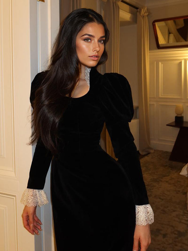 Elegant Black Velvet Dress With Lace Details Long Sleeve Spring Long Dress For Women 2026