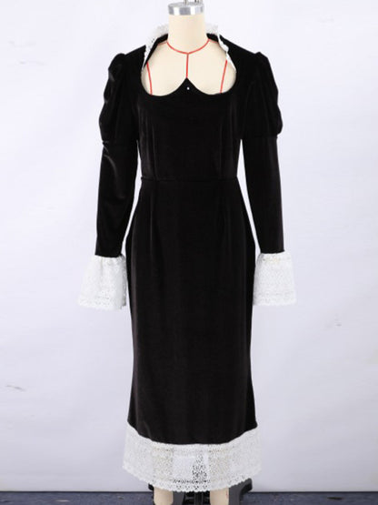 Elegant Black Velvet Dress With Lace Details Long Sleeve Spring Long Dress For Women 2026