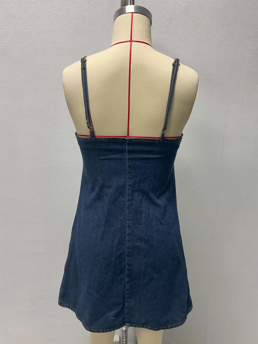 Denim Cut-Out Mini Slip Dress For Women 2026