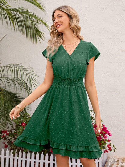 Soft Pink Ruffled Hem V-neck Midi Dress With Shirred Waist 2026
