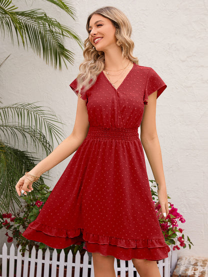 Soft Pink Ruffled Hem V-neck Midi Dress With Shirred Waist 2026