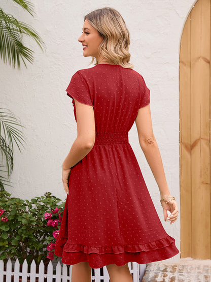 Soft Pink Ruffled Hem V-neck Midi Dress With Shirred Waist 2026