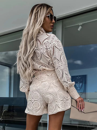 Lace Two Piece Co-ord Set Long Sleeve Shirt And Shorts 2026