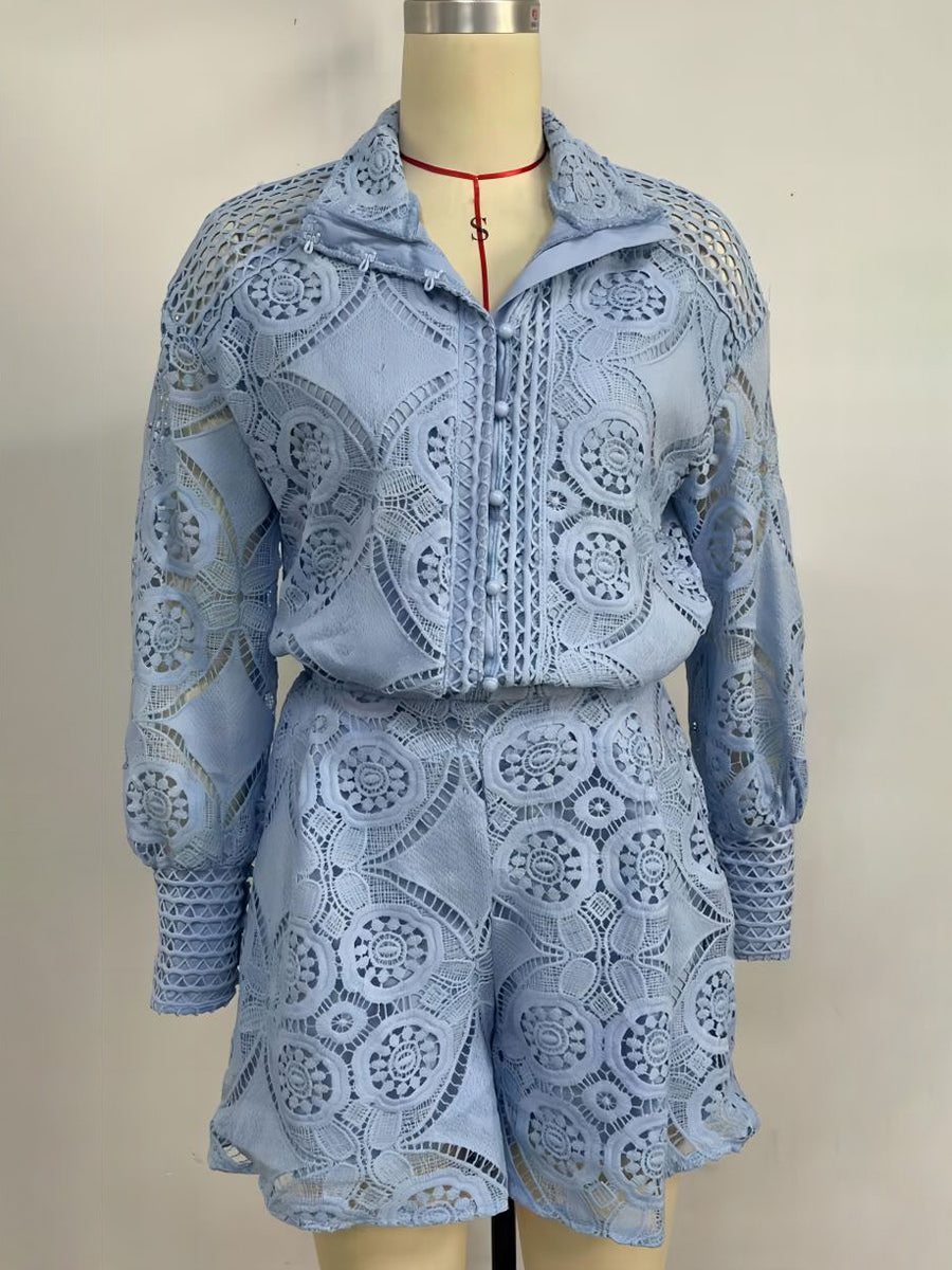 Lace Two Piece Co-ord Set Long Sleeve Shirt And Shorts 2026