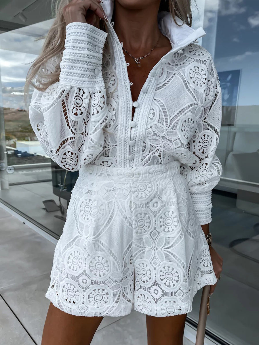 Lace Two Piece Co-ord Set Long Sleeve Shirt And Shorts 2026