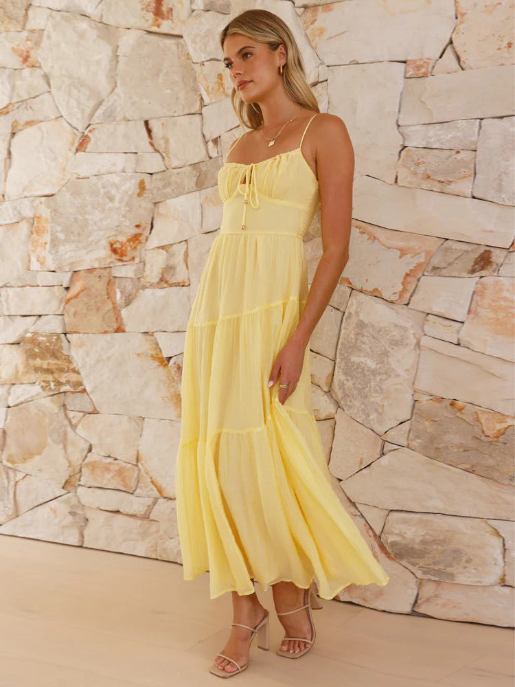 Tiered Maxi Sundress for Women - Ruched Bust Tie Front A Line Long Slip Dress - Summer Beach Wedding Guest 2026