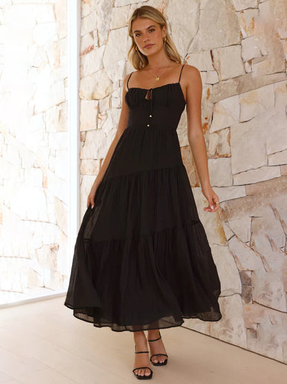 Tiered Maxi Sundress for Women - Ruched Bust Tie Front A Line Long Slip Dress - Summer Beach Wedding Guest 2026