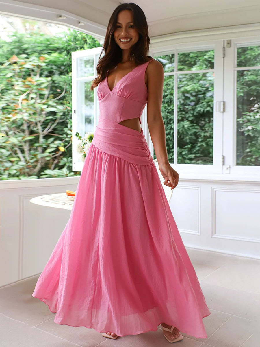 Cut Out Sleeveless Maxi Dress for Women - Boho V Neck Ruched Waist Backless Flowy A Line Sun Dress - Summer Wedding Guest 2026