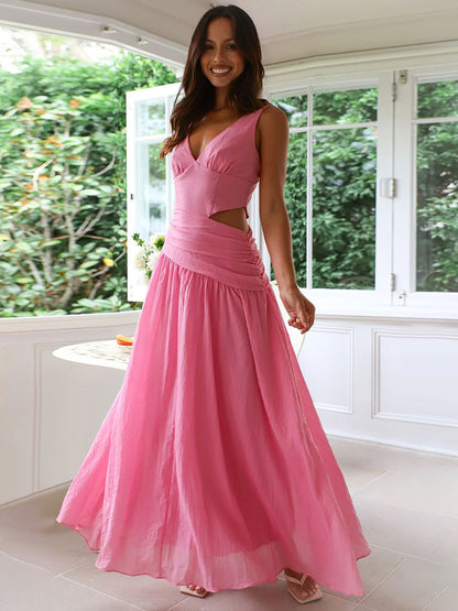 Cut Out Sleeveless Maxi Dress for Women - Boho V Neck Ruched Waist Backless Flowy A Line Sun Dress - Summer Wedding Guest 2026