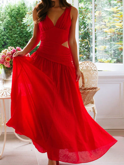 Cut Out Sleeveless Maxi Dress for Women - Boho V Neck Ruched Waist Backless Flowy A Line Sun Dress - Summer Wedding Guest 2026