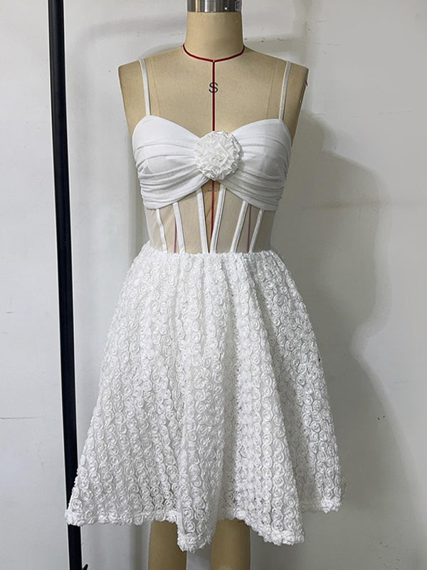 White Mini Slip Dress With Flower Decoration And Sheer Waist 2026