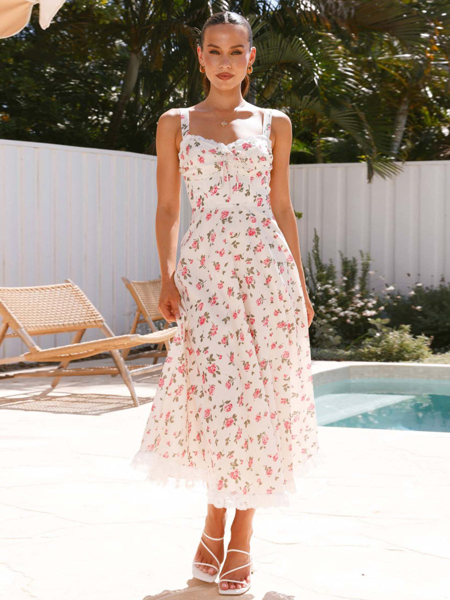 Floral Print Lace Trim Sleeveless Long Dress For Summer 2026