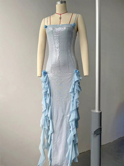 Blue Sequin Bodycon Sheer Long Slip Dress With Ruffled High Slit 2026