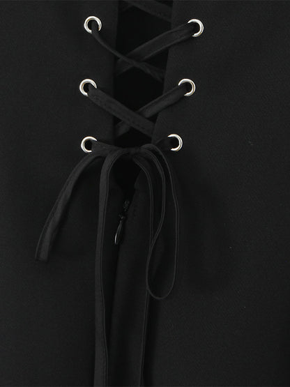 Black Strap Flared Mini Dress With Lace-up Back 2026