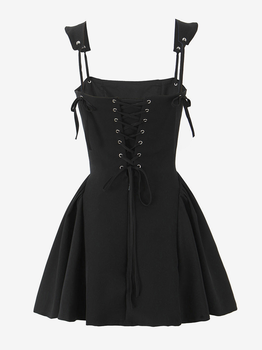 Black Strap Flared Mini Dress With Lace-up Back 2026