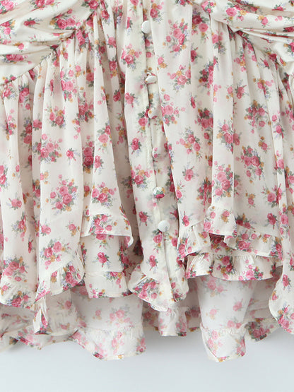 Pink Floral Print V-Neck Long Sleeve Mini Dress For Summer 2026
