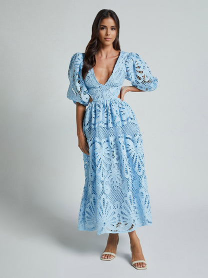 Eyelet Lace Long Tea Dress for Women - Deep V Neck Puff Sleeve A Line Prom Gown - Summer Wedding Guest 2026