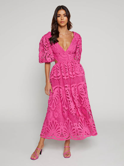 Eyelet Lace Long Tea Dress for Women - Deep V Neck Puff Sleeve A Line Prom Gown - Summer Wedding Guest 2026