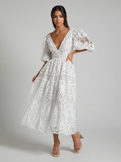 Eyelet Lace Long Tea Dress for Women - Deep V Neck Puff Sleeve A Line Prom Gown - Summer Wedding Guest 2026