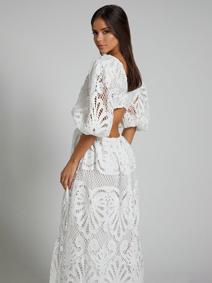 Eyelet Lace Long Tea Dress for Women - Deep V Neck Puff Sleeve A Line Prom Gown - Summer Wedding Guest 2026