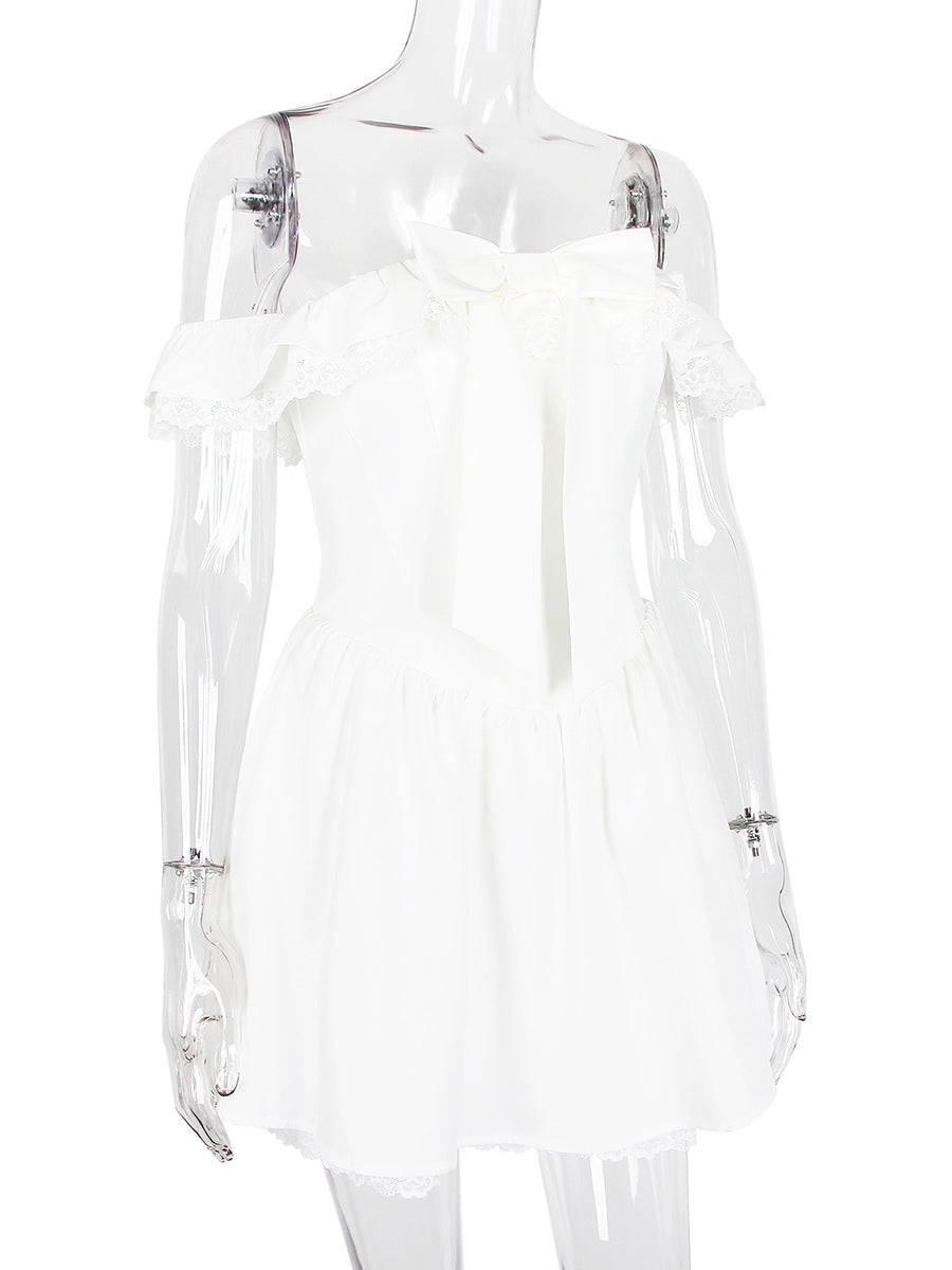 White Off-Shoulder Mini Dress With Ruffle Trim 2026