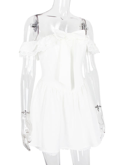White Off-Shoulder Mini Dress With Ruffle Trim 2026