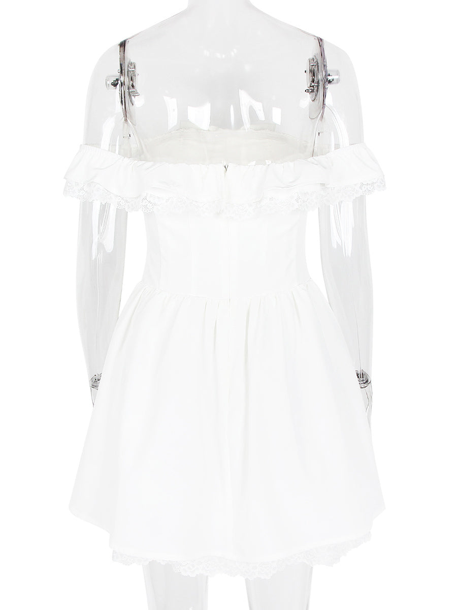 White Off-Shoulder Mini Dress With Ruffle Trim 2026