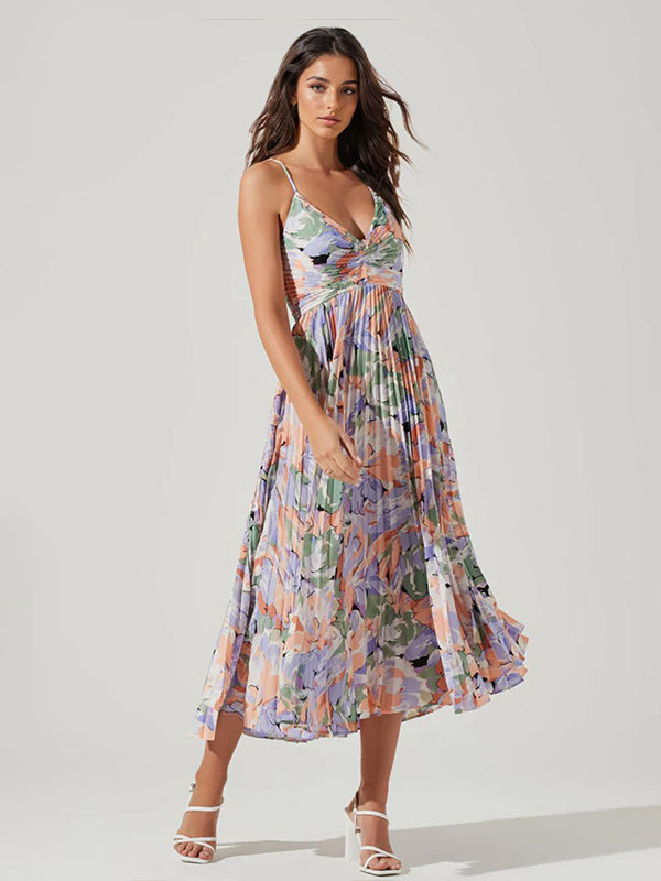 Pleated Floral Midi Sundress for Women - Boho V Neck Spaghetti Strap Fit and Flare A-line Dress - Summer Beach Resort 2026