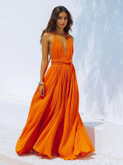 Boho Backless Maxi Dress for Women - Sexy Deep V Neck Halter Wrap Tie Waist Flowy Gown - Summer Beach Resort 2026