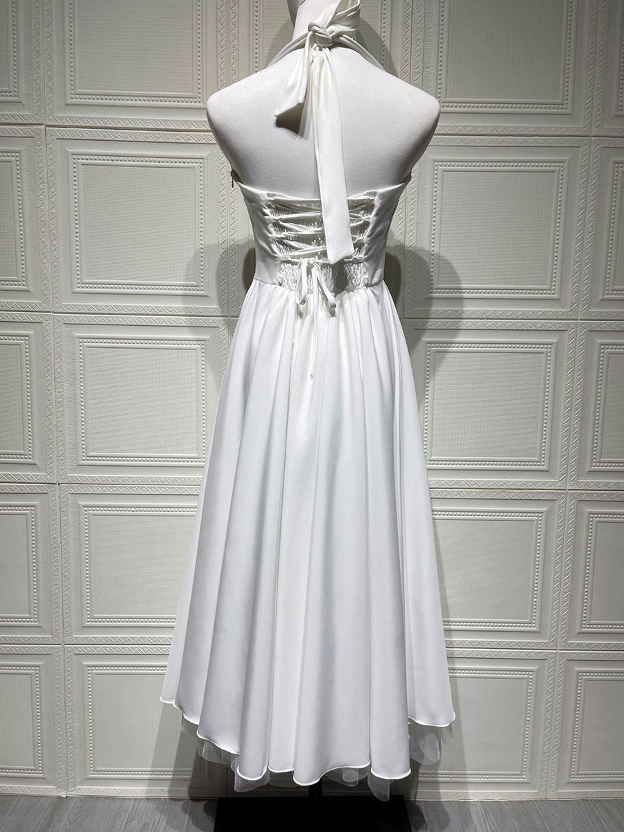 Soft Pink Halterneck A-line Midi Party Dress For Women 2026