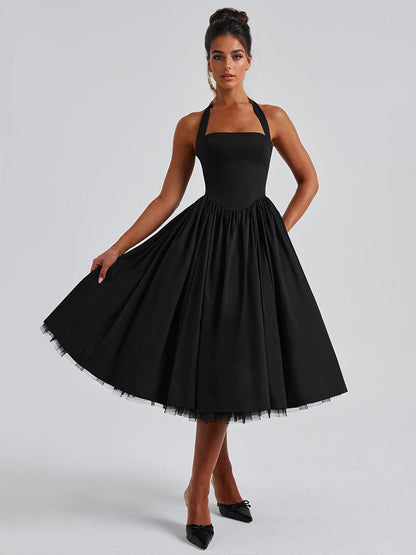 Soft Pink Halterneck A-line Midi Party Dress For Women 2026