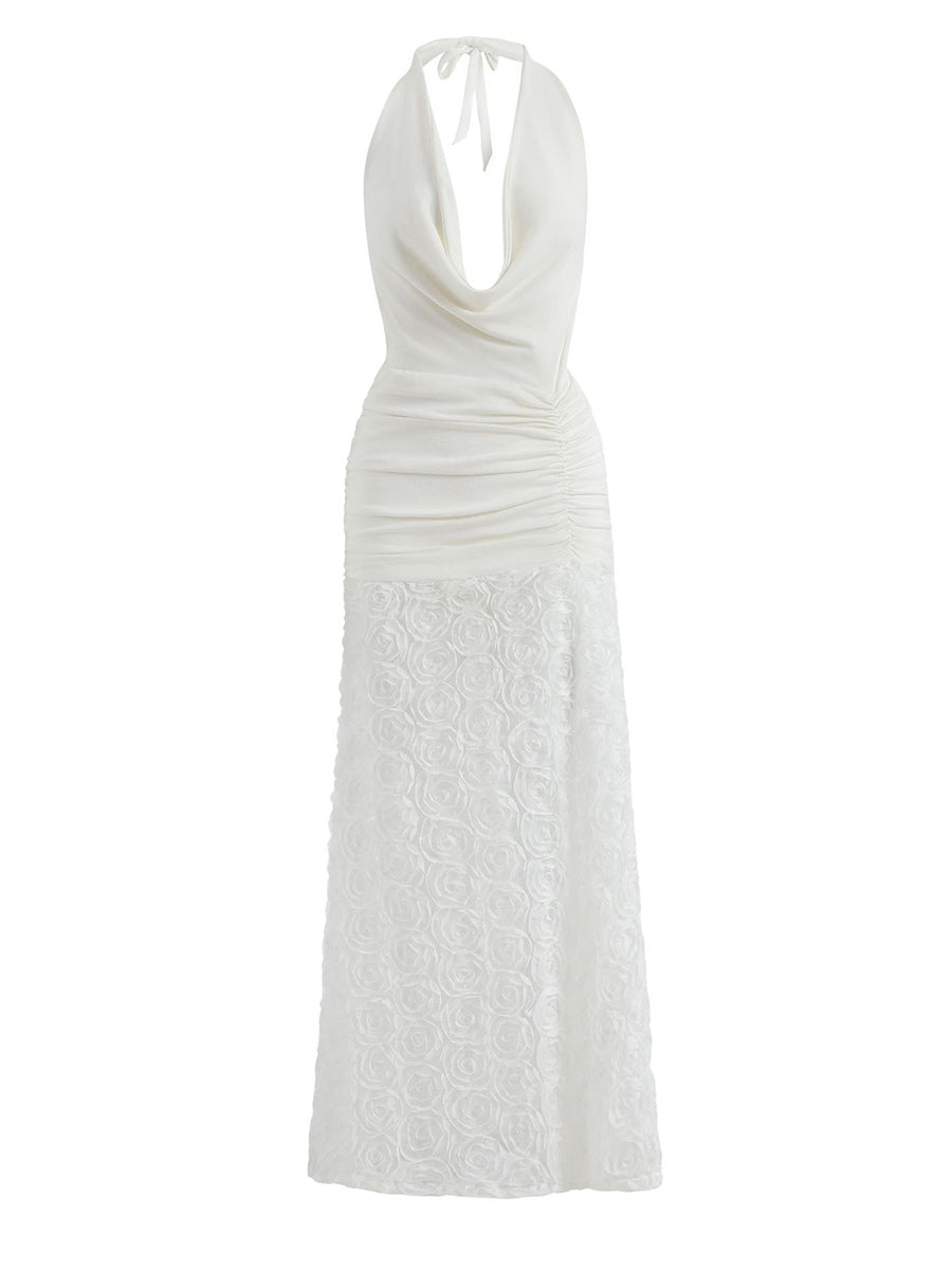 White Halter Neck Maxi Dress With 3D Flower Skirt 2026