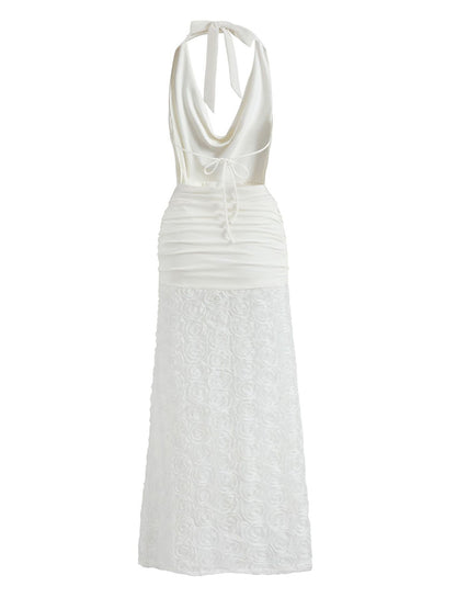 White Halter Neck Maxi Dress With 3D Flower Skirt 2026