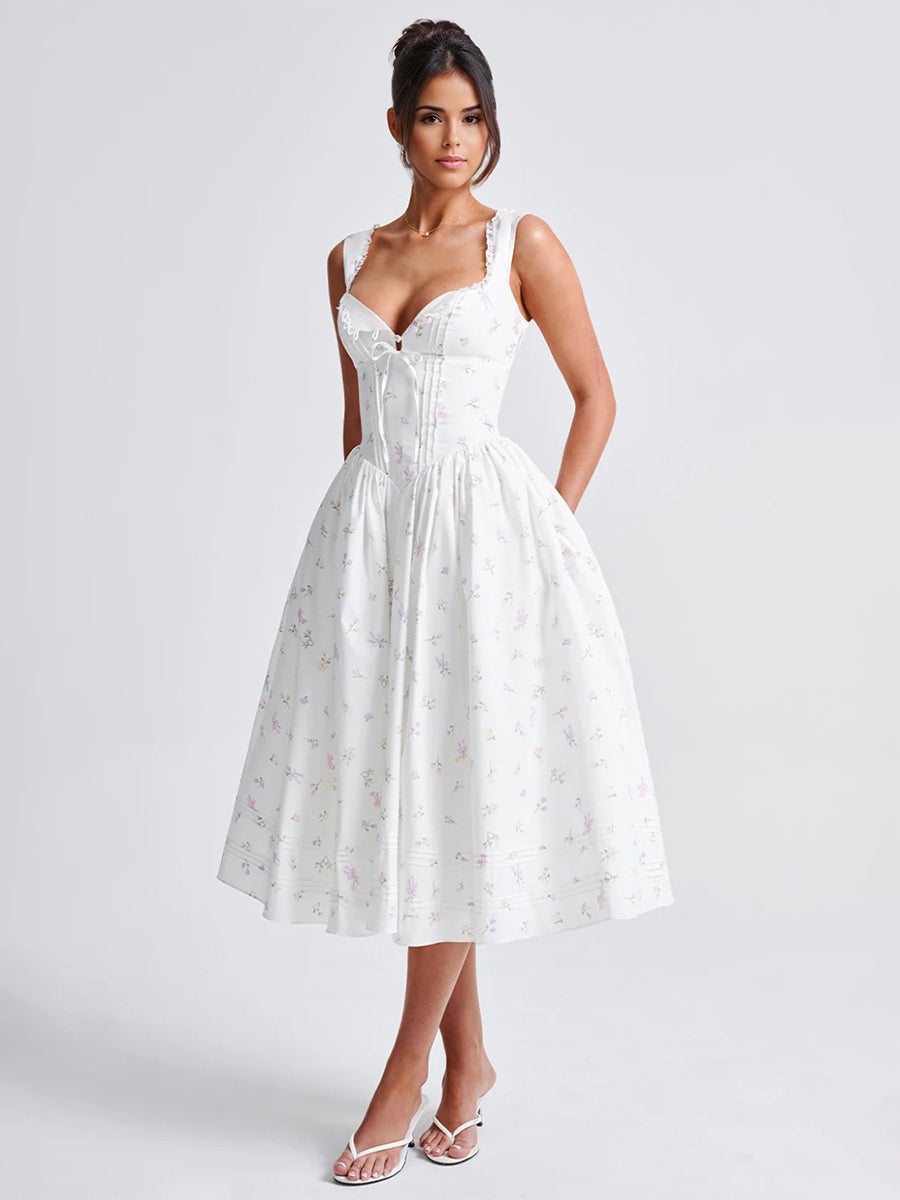 Floral Print Sweetheart Neckline A-line Midi Dress For Summer 2026