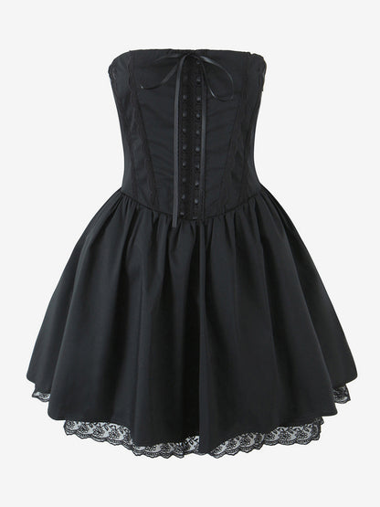 Butter Yellow Sleeveless Lace-Trimmed Mini Corset Dress With Lace-up Back 2026